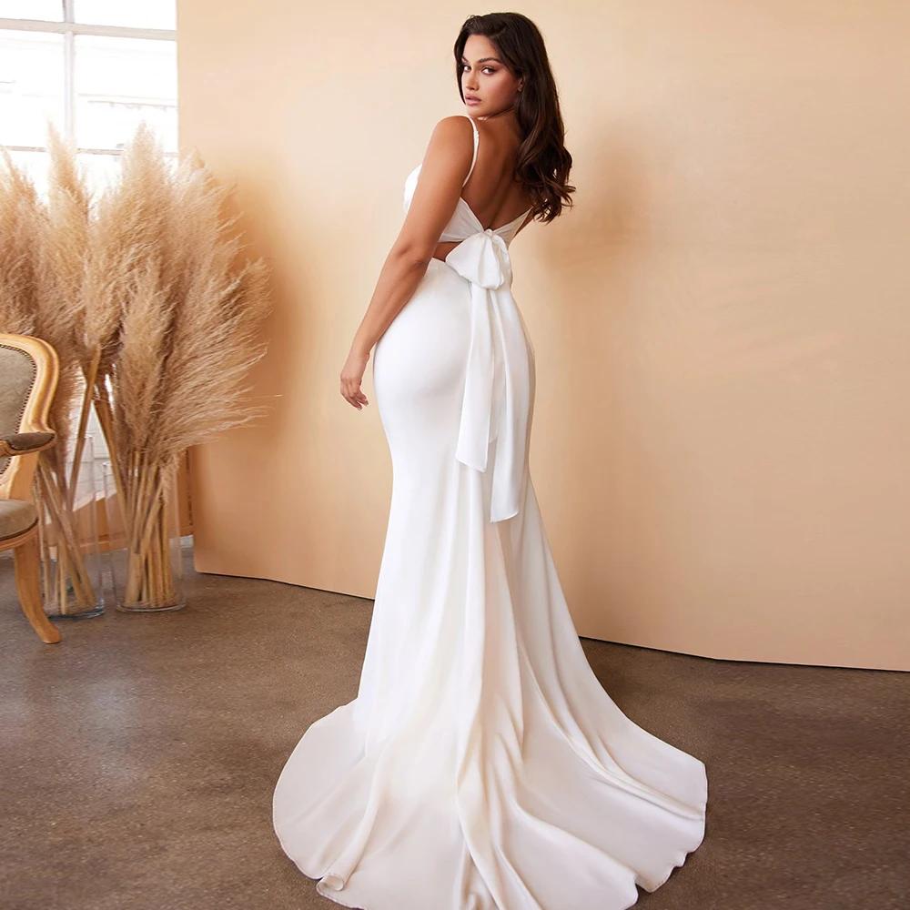 Robe de mariée à bretelles spaghetti pour femmes, simple, avec nœud papillon blanc, éducatif, dos nu, 2024