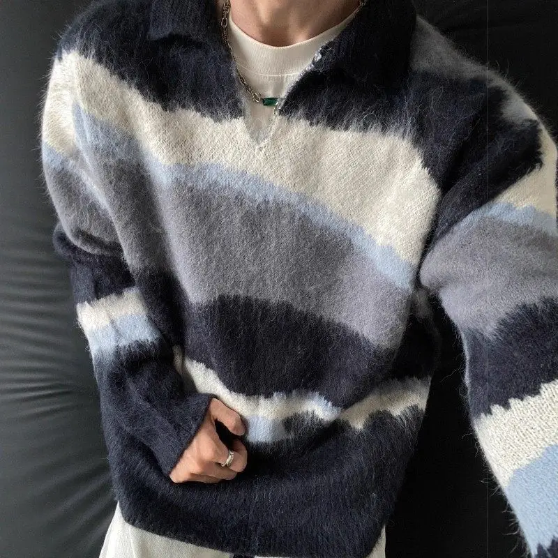 

Men's Knitted Faux Fur Pullover Sweater Loose Fit Turn-down Collar American Retro Lazy Sle Striped Color Blo Plu Top
