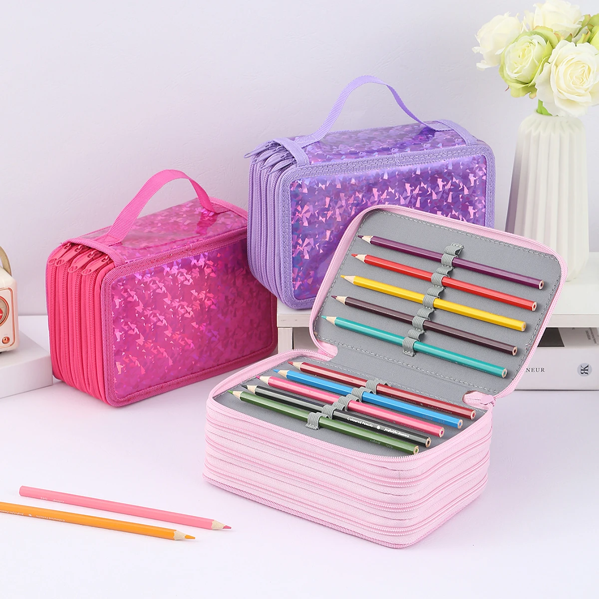 1 шт. блестящий четырехслойный пенал на молнии, портативная изысканная сумка для хранения канцелярских принадлежностей, незаменимый художественный пенал для школы