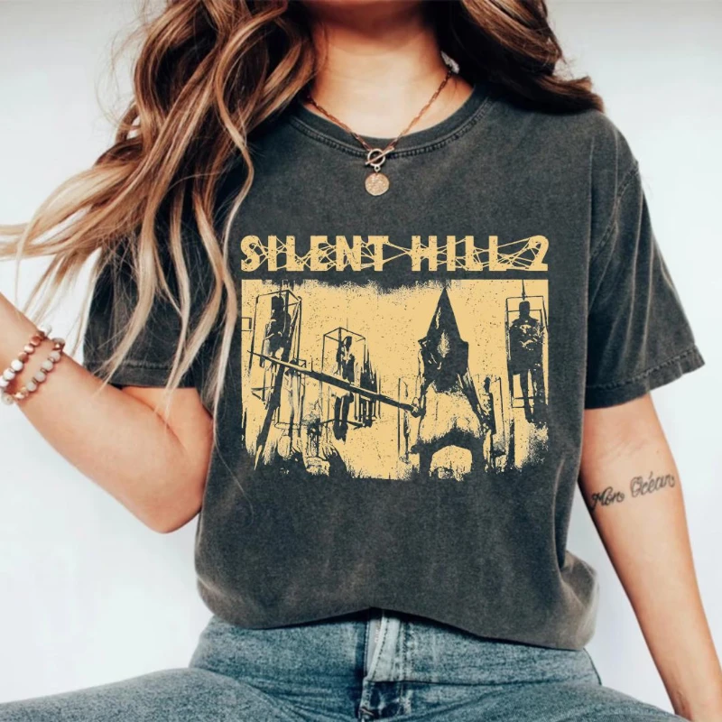 Letnia Wyprzedaż: Koszulka Silent Hill 2: Unisex Koszulka z Pyramid Head w Stylu Retro, Damska Koszulka z Krótkim Rękawem i Okrągłym Dekoltem