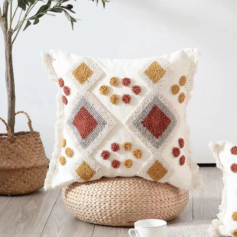 Boho Decorative Cushion Cover Ivory Brown Pillowcase 50x30/45x45cm Geometry Tufted Lace PilowCover for Living Room Bedroom Sofa