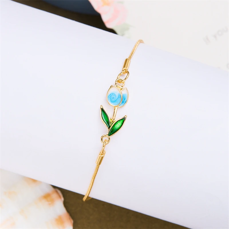 New Fashion Elegant Tulip Rose Bracelet For Women Vintage Colorful Flower Gold Color Metal Chain Bracelets Aesthetic Jewelry
