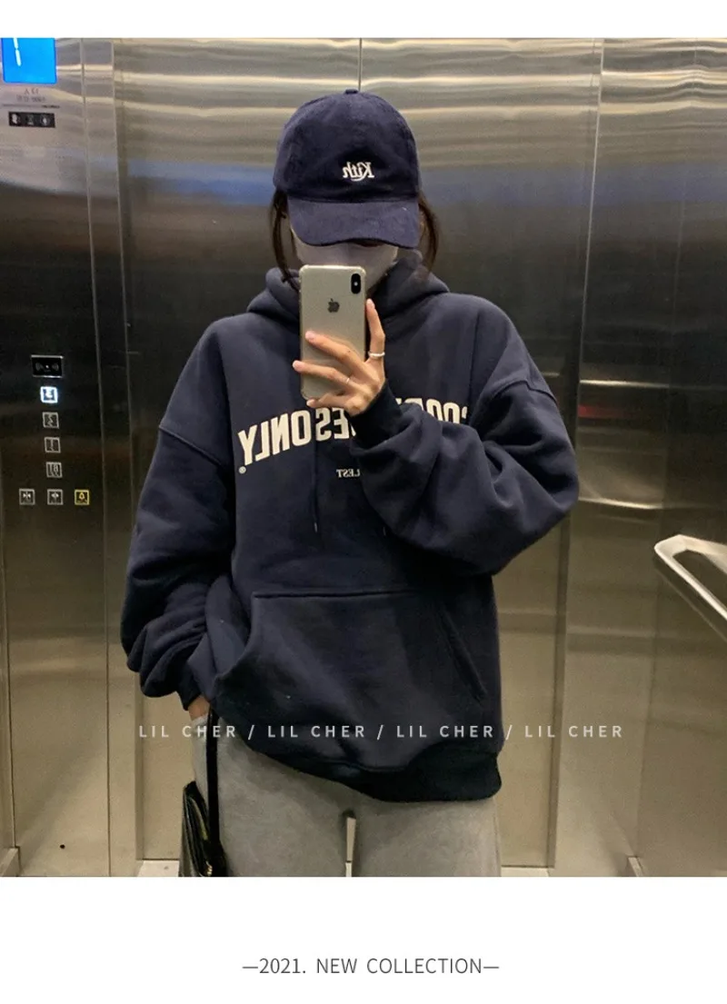 Herbst Winter 2026 Koreanische Mode Lockerer Pullover Damen Langarm Kapuzenpullover mit Schriftzug-Druck Lässige Sweatshirts – Detail 9