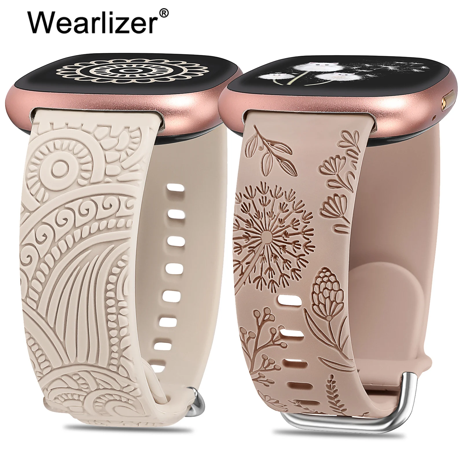 

Wearlizer 2 Packs Floral Engraved Band for Fitbit Versa 4 3/Sense 2/Sense Wristband Women Soft Silicone Watchband for Versa 3