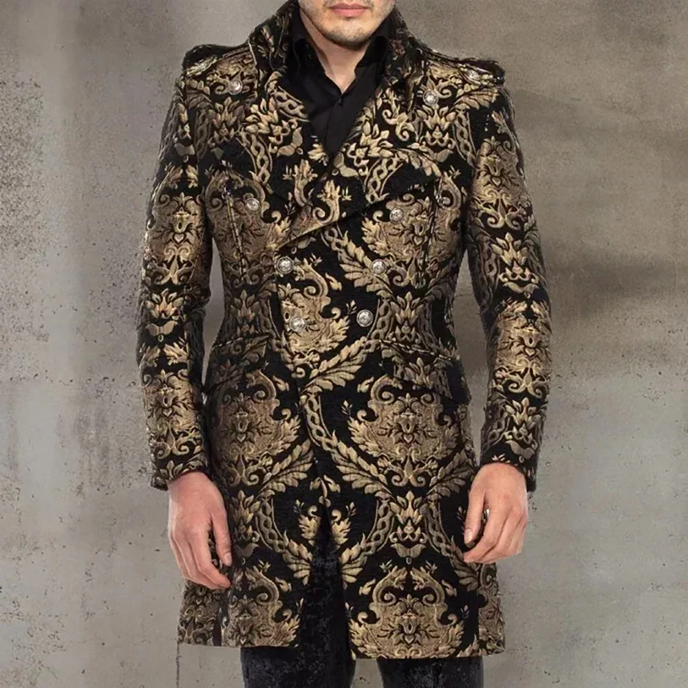 

Luxury Black Golden Men's Suits Blazer High Quality Double Breasted Notch Laple Long Jacket 1 Piece Customzied Male Clothing