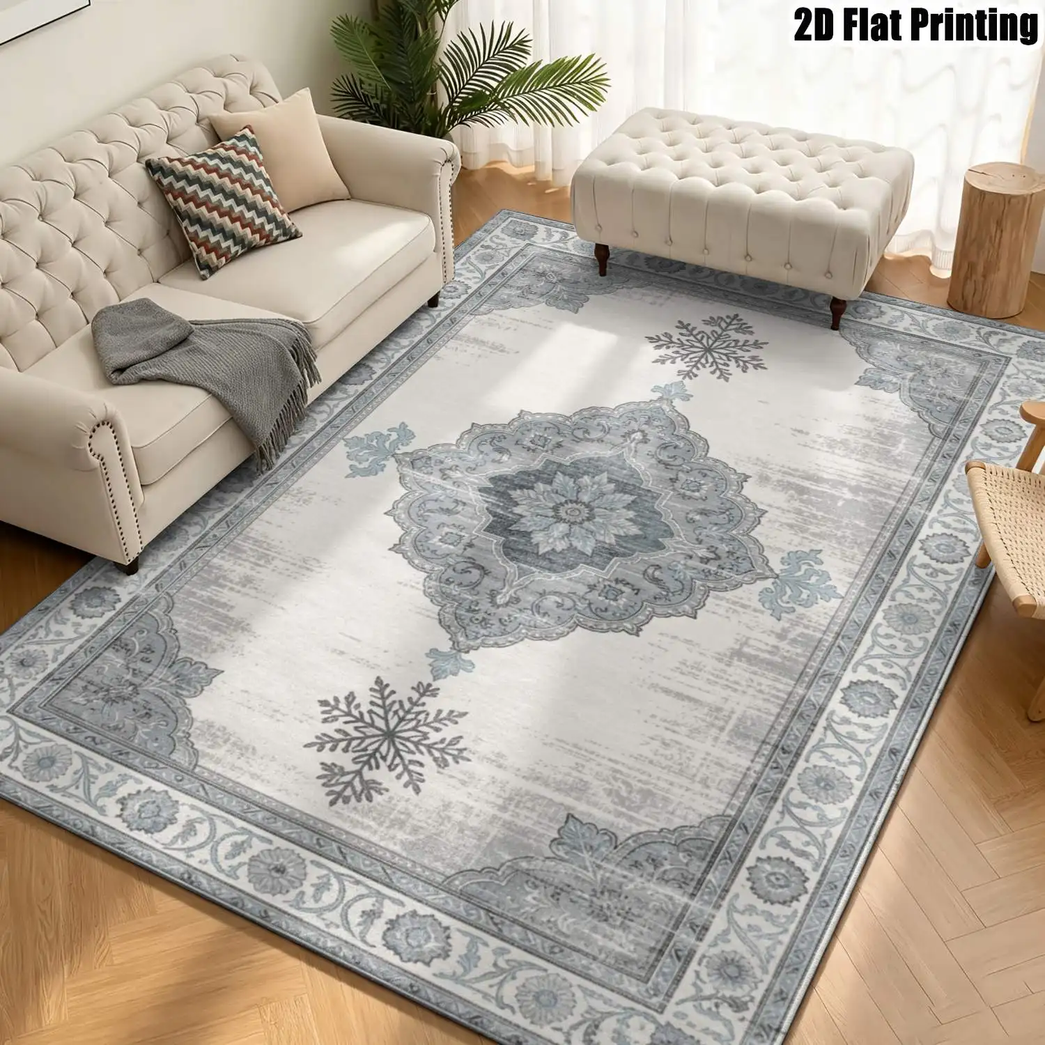 1Pc 2D Printed Carpet: Blue-Grey Retro Floral European-Style Decor Rug, Multi-Size, Machine Washable, Suitable for Entryway, Dining Room, Foyer, Bedroom, Living Room