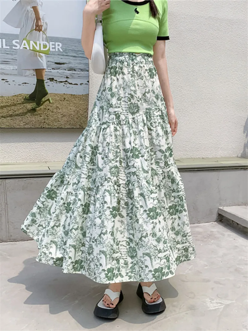 Summer Cotton A-Line Sweet Fresh Green Print Lotus Leaf Side Dress Temperament High Waist Elegant Vintage Feminine Vestidos