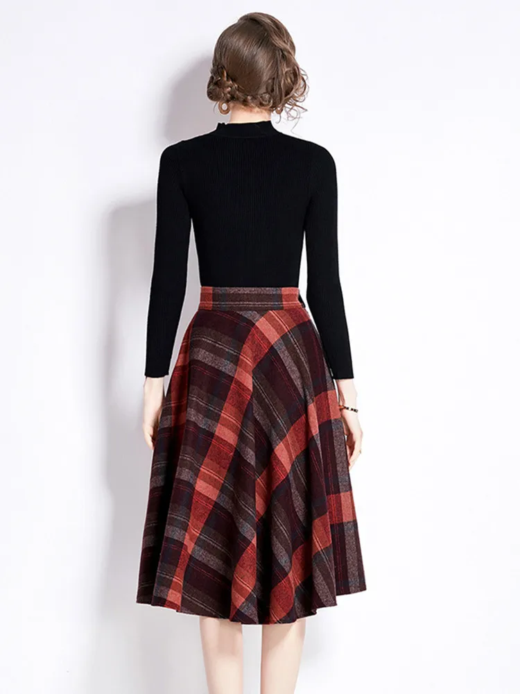 Fall Winter Women\'s Clothing Vintage Plaid Tweed  Skirt Suits Female New In Knitted Tops Matching Sets Woolen 2 Piece Sets Women