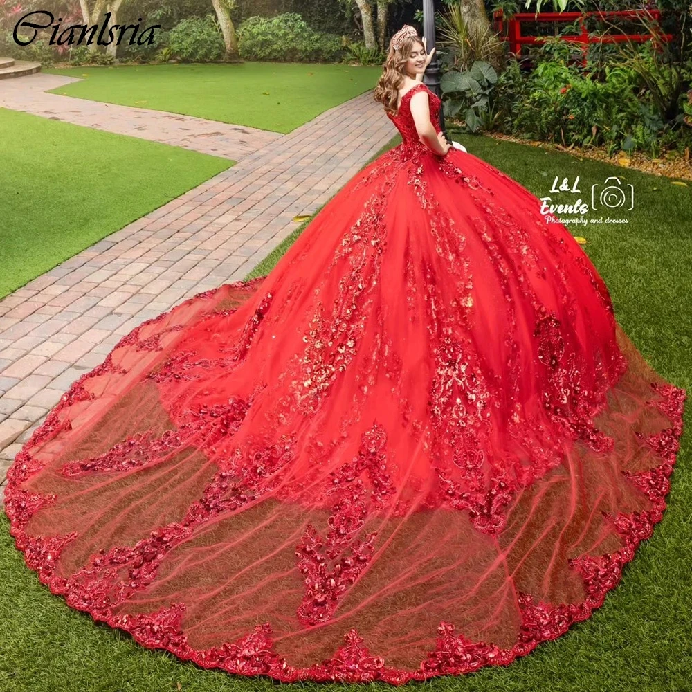 Red Sequined Appliques Lace Ball Gown Quinceanera Dresses Off The Shoulder Corset Vestidos De 15 Años