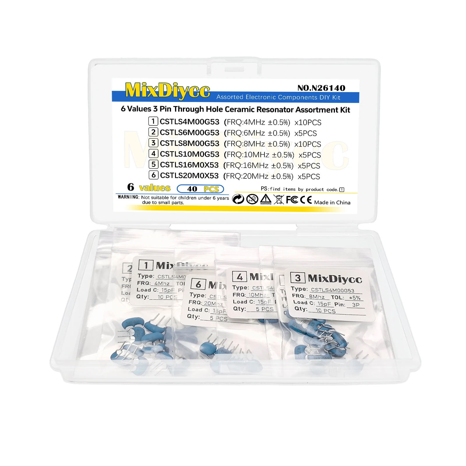 6 Values 3 Pin Radial Ceramic Resonator Kit 4MHz/6MHz//8MHz//10MHz//16MHz/20MHz Through Hole Ceramic Crystal Oscillator 40 Pcs