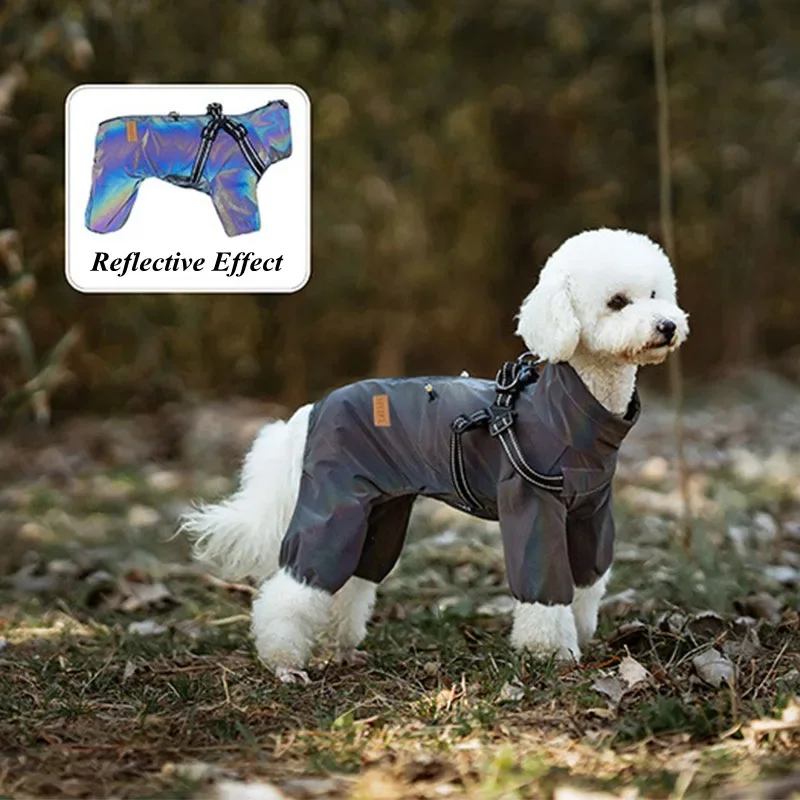 Hunde-Regenmantel mit Geschirr, wasserdichte Jacke für kleine Hunde, verstellbarer, reflektierender Hunde-Regenoverall, vierbeiniger Regenmantel für Haustiere. – Detail 8