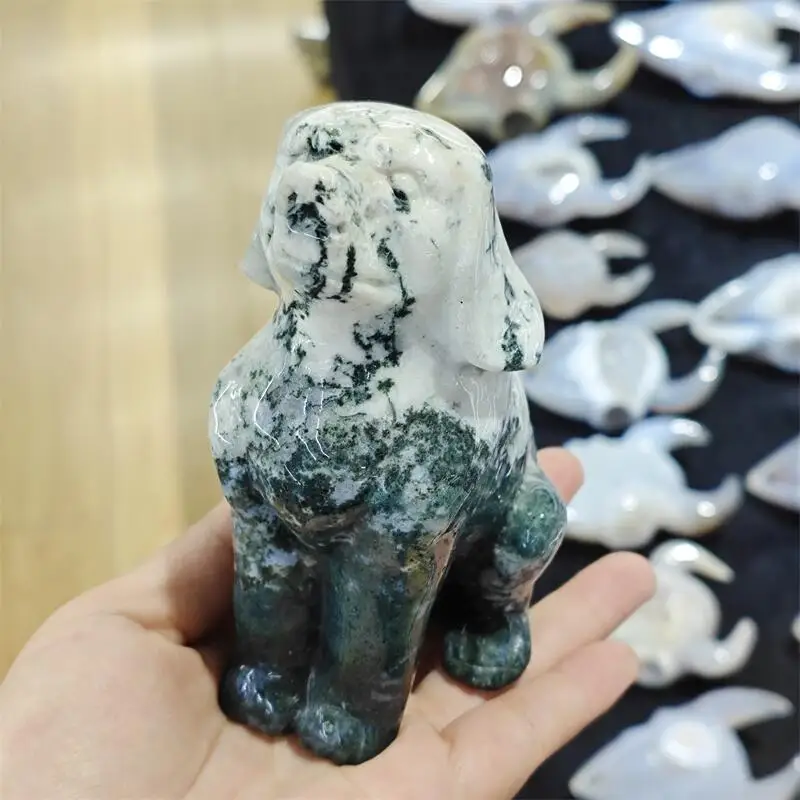 Natural Moss Agate Dog Carving Crystal Healing Fengshui Gemstones Home Decoration Holiday Gift 1PCS