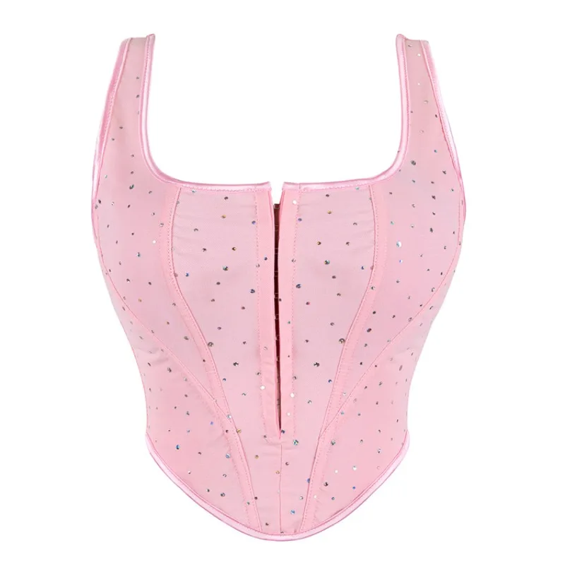 

Pink Sequin Corset Short Fairy Net Chiffon Corset Chest Zipper Sexy Strapless Victorian Bustier Body Shapewear Boned S-XXL