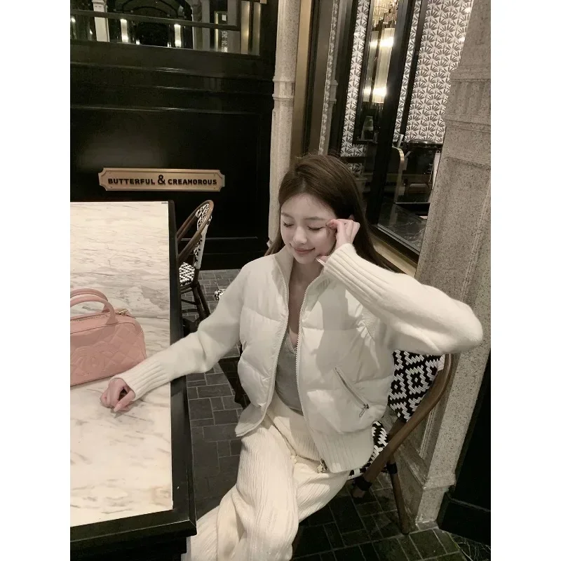 Giacca imbottita Parka da donna Maniche lavorate a maglia impiombate Capispalla Colletto rialzato Abiti slim fit Cappotti ispessiti Abbigliamento femminile