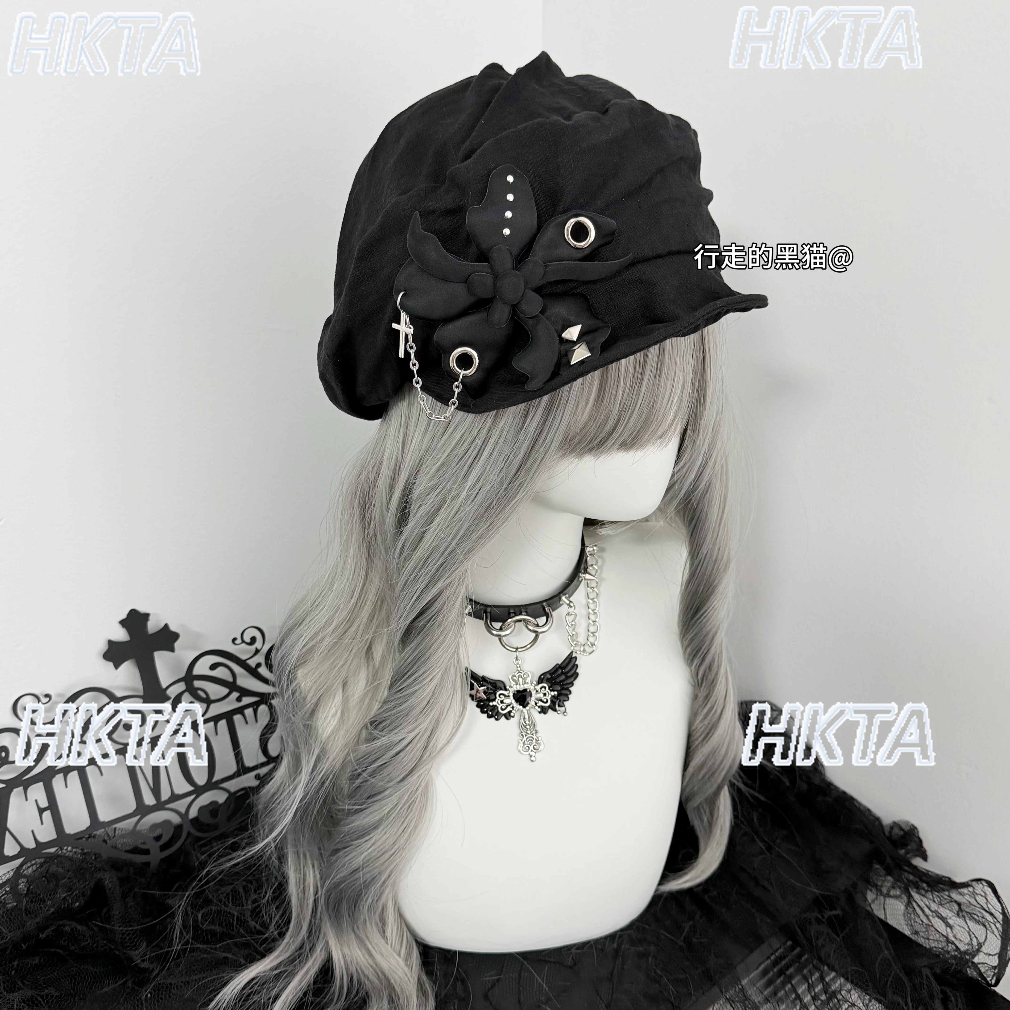 Original Y2k Punk Black Hat Women's Cap Millennium Hot Girls Cross Dark Japanese Style Cosplay Beret Pile Hats Summer Sun Hat