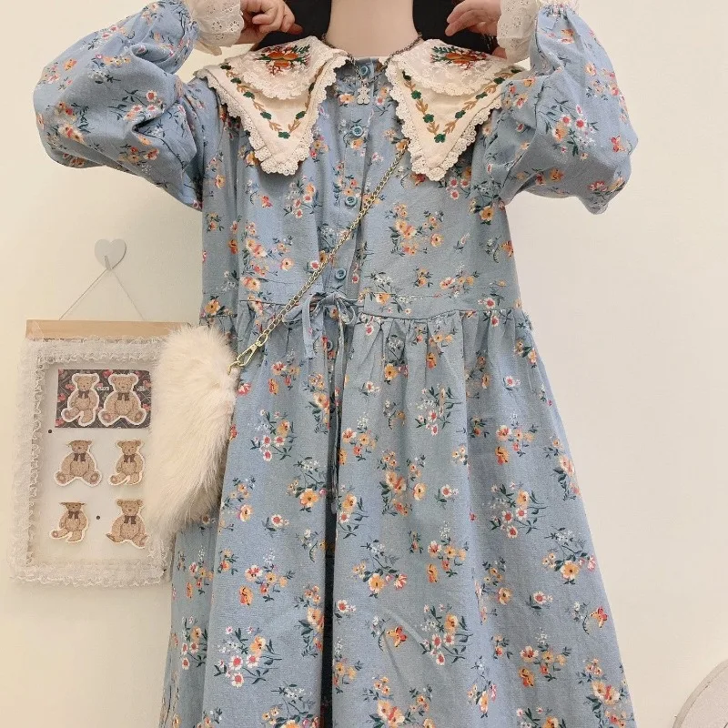 Vintage Loose Sweet Mori Girl Style Floral Printed Dress for Women Autumn Winter Kawaii Embroidery Lace Doll Collar Long Dresses