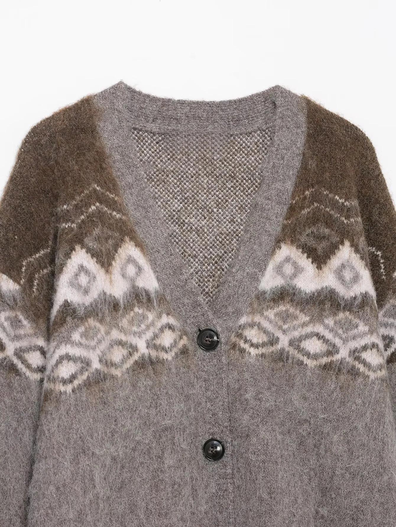 เสื้อคลุมคาร์ดิแกนไหมพรมถักลายแจ็คการ์ดแบบลำลองสไตล์สบายๆ คอวี แขนยาว แต่งขาดๆ ติดกระดุม สำหรับผู้หญิง ฤดูหนาว 2025