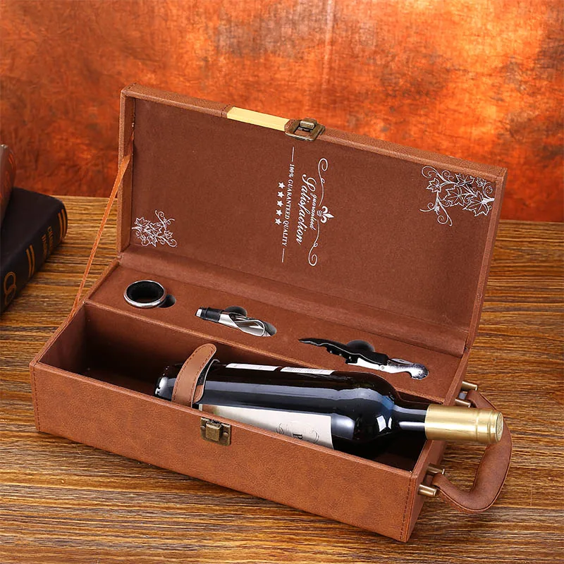 

Red Wine Box Leather Material Single Wine Packing Wood Universal Gift Black Red Brown Home Desktop Decoration High-End Gift 1Pc