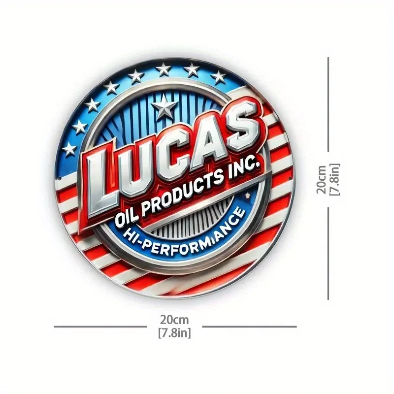 1PC Lucas Oil Products Inc Round Metal Tin Sign, Retro American Flag Star Emblem Plaque, 2D Flat Wall Decor For Garage Man Cave
