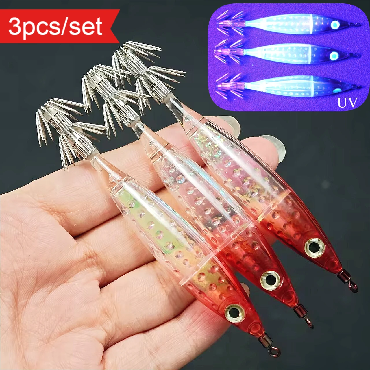 3 Stück/Set 9,5 cm Garnelen-Angelköder Salzwasser-Garnelen-Köder Oktopus-Angelköder Tintenfisch-Jigs Angelhaken Angelzubehör