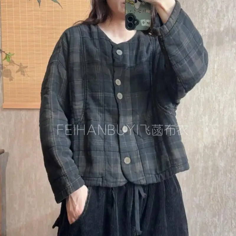 

Осень-зима, женские однобортные свободные куртки с круглым вырезом в стиле искусства, винтажные клетчатые повседневные хлопковые льняные короткие пальто высокого качества