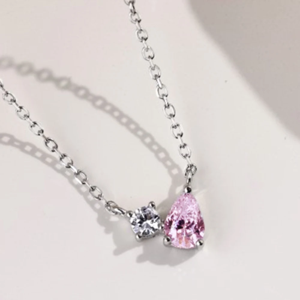 Real 925 Sterling Silver Brilliant Necklace Women Diamond Pink Water Drop Pendant Necklace Female Luxury Jewelry Shiny 5A Zircon