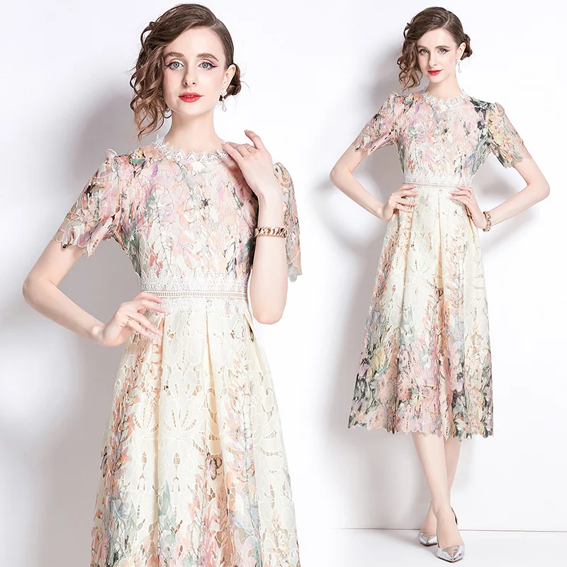 2024 Summer New Light Luxury Fashion Slim Lace Dress Women's O-Neck Short Sleeve Hook Flower Hollow Elegant A-line Long Skirt