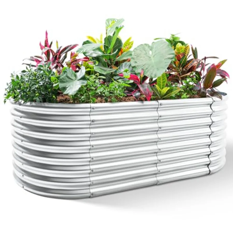 

24 Tall Galvanized Raised Garden Bed Kit Outdoor Oval Large Metal Planter for Vegetables Classic Silver 4×2×2ft