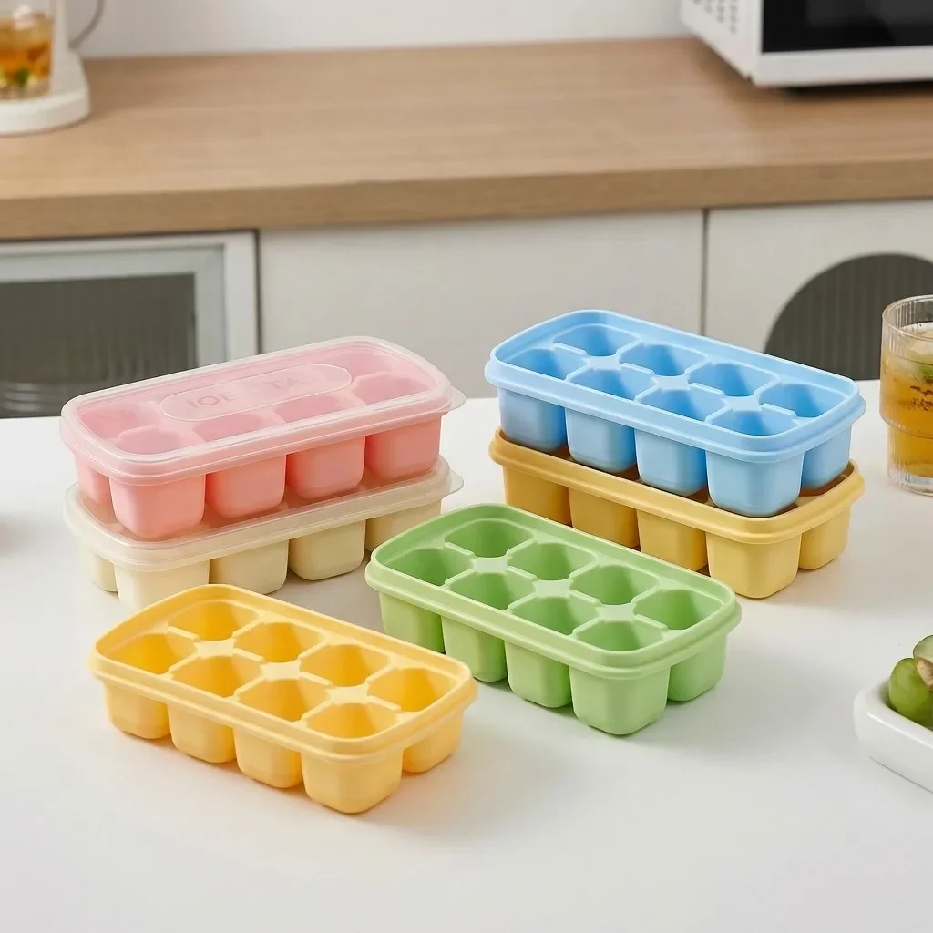8 Grids Mini Plastic Ice Cube Tray With Lid Easy-Release Ice Mold Reusable Ice Cube Maker For Whiskey Cocktails Juice Bar Tools