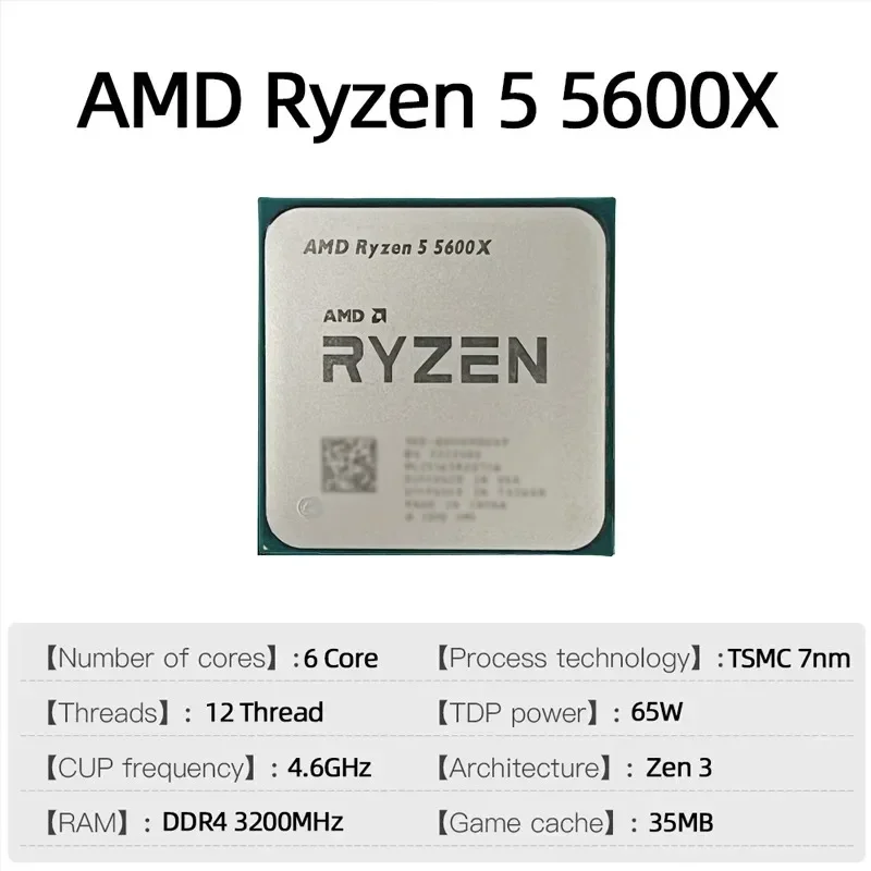 AMD Ryzen 5 5600X Processor 6-Core 12-Thread 3.7GHz Base 4.6GHz Max Boost, AM4 Socket 32MB L3 Cache Unlocked Desktop CPU