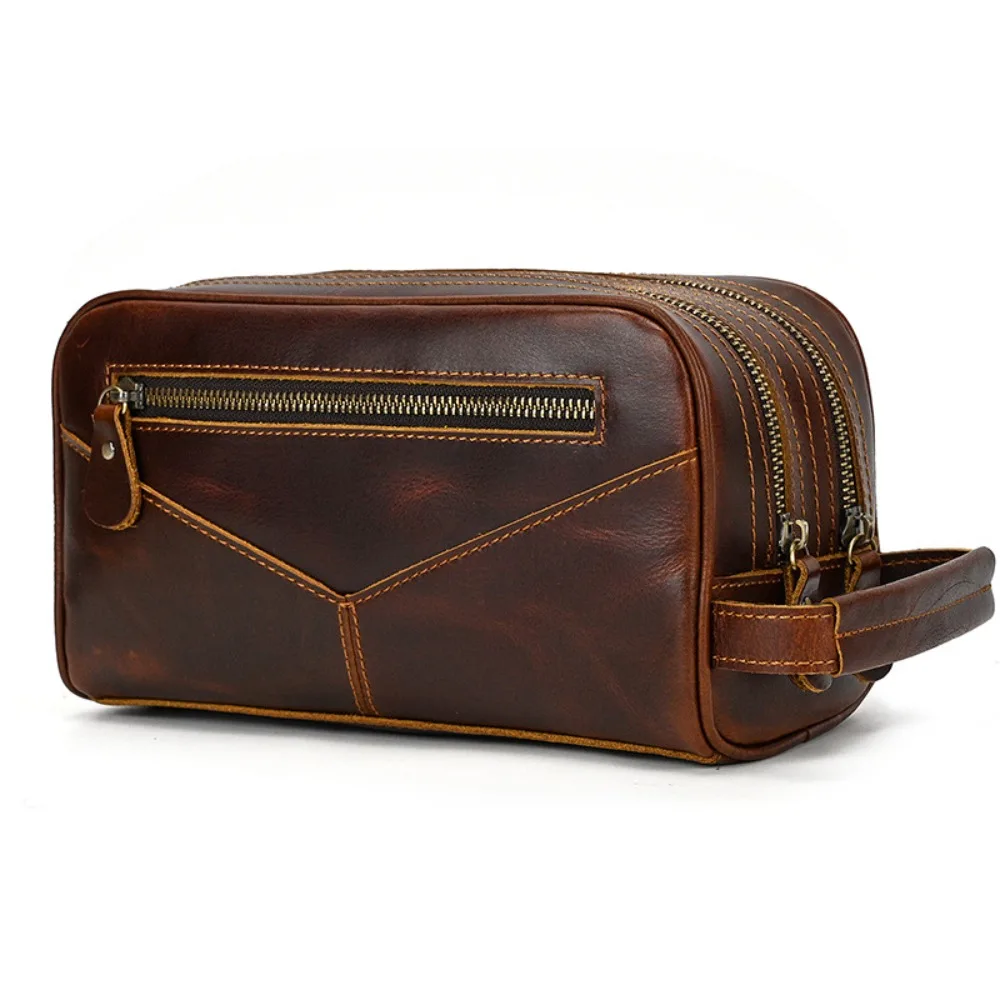 Pochette premium in pelle da uomo Borsa da toilette neutra moda retrò Semplice primo strato di pelle bovina Borsa tote con cerniera a doppio strato portatile