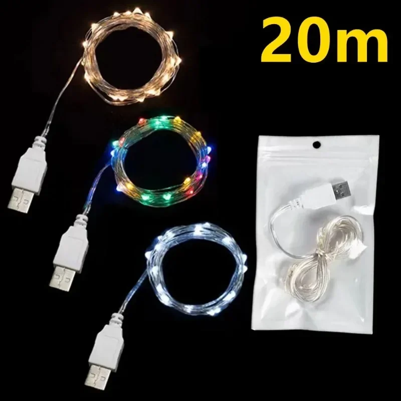 Guirnalda de luces LED con USB, alambre de cobre y plata, luces de hadas impermeables, decoración de fiesta de boda y Navidad, 3M