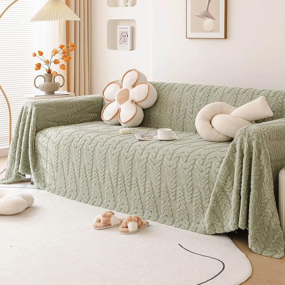 Plush Cotton Velvet Sofa Cover Non-Slip Couch Slipcovers L-shaped Sofa Towel Protector Jacquard Stripes Seat Cushion Blanket