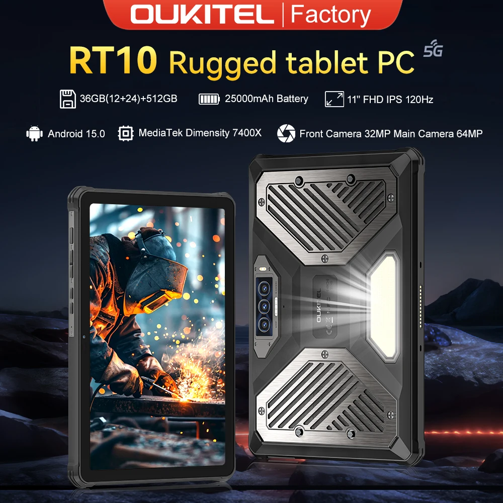 Global version OUKITEL RT10 5G Rugged Tablet PC 11'' FHD+ Display 36GB+512GB 25000mAh 64MP MTK 7400X Android 15 ablets with Stand