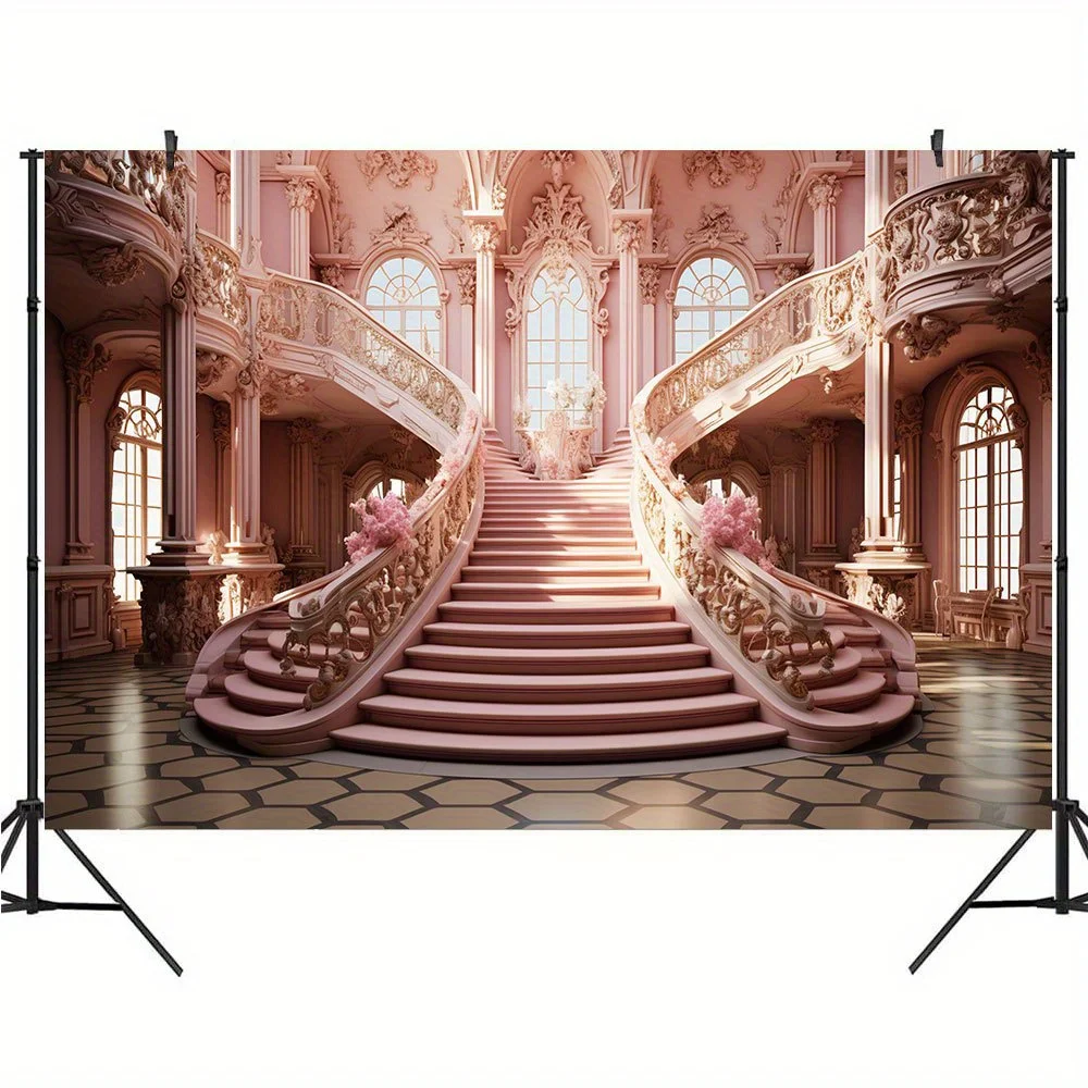 Castle pink staircase hall photo background cloth, birthday party decoration banner, wedding bridal party photo background