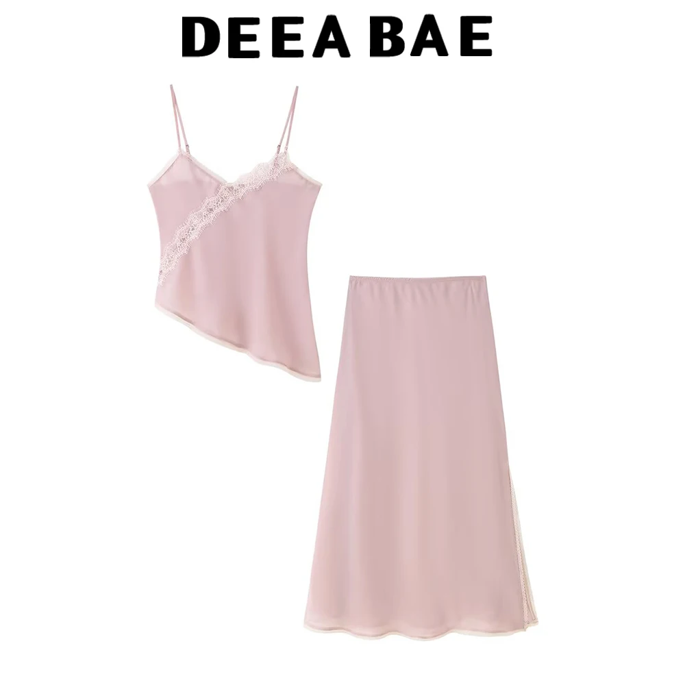 

DEEABAE 2021, осенняя женская одежда, простой темпераментный лоскутный кружевной топ на бретельках со средней талией, комплект юбки-миди