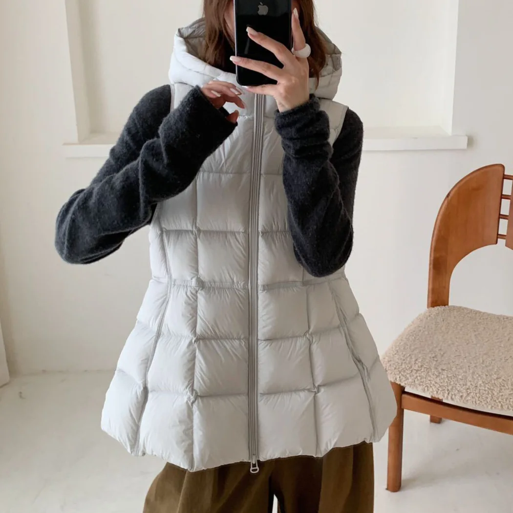 Autumn Winter Mid-length Hooded Fluffy Down Vest Female Grid Quilting Warm Sleeveless Waistcoat Women White Duck Down Thick Vest
