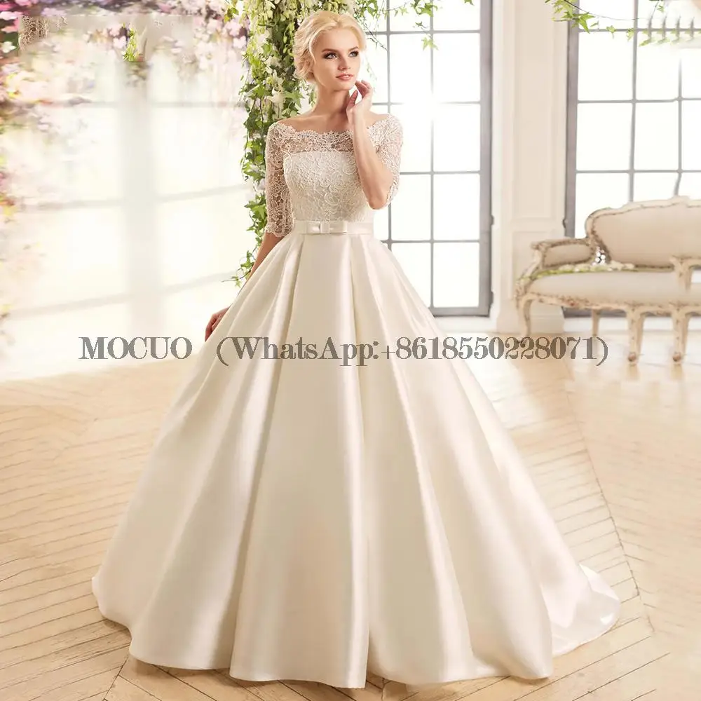 

Modern Court-Train Wedding Dress A-Line Boat Neck Robe De Mariée Classic Half Sleeve Lace Applique Satin Vestidos De Novia