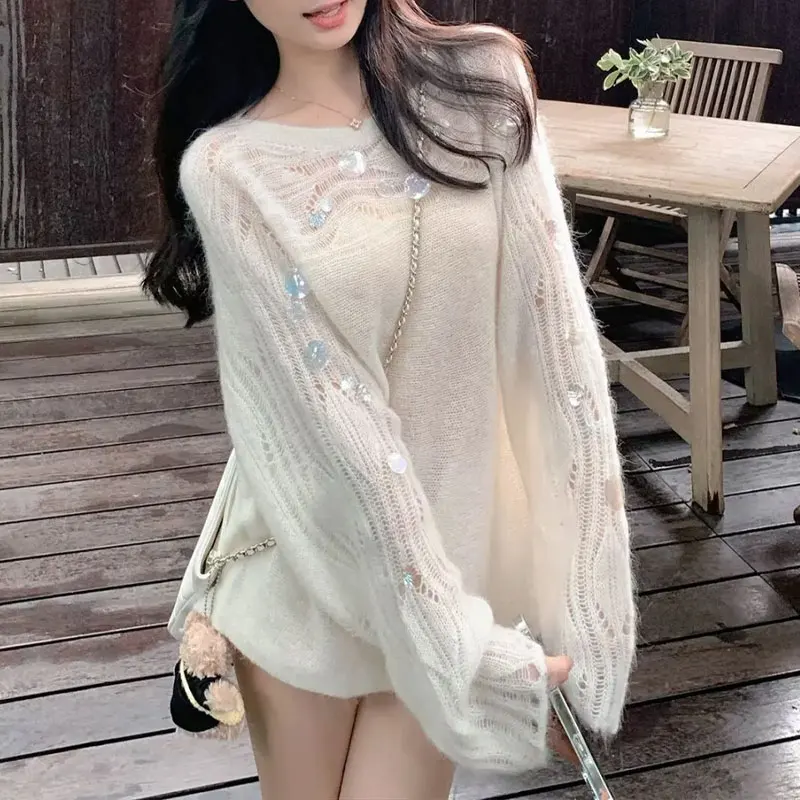 Female Clothing Solid Color Hole Pullovers Knitted Fashion Sequined Autumn Loose Basic Long Sleeve Casual Round Neck Sweaters
