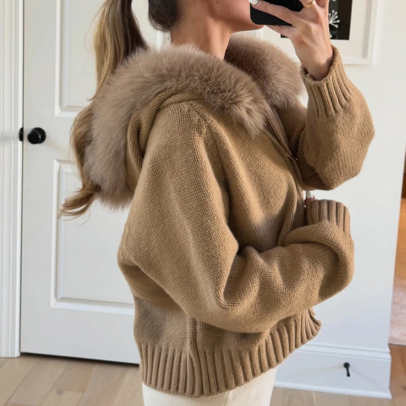 

Tsiisd Casual Hoodie Cardigan Female Fluffy Zipper Solid Patchwork Long Sleeves Ribbed Knit Jacket Coat Women's Cardigan 2026