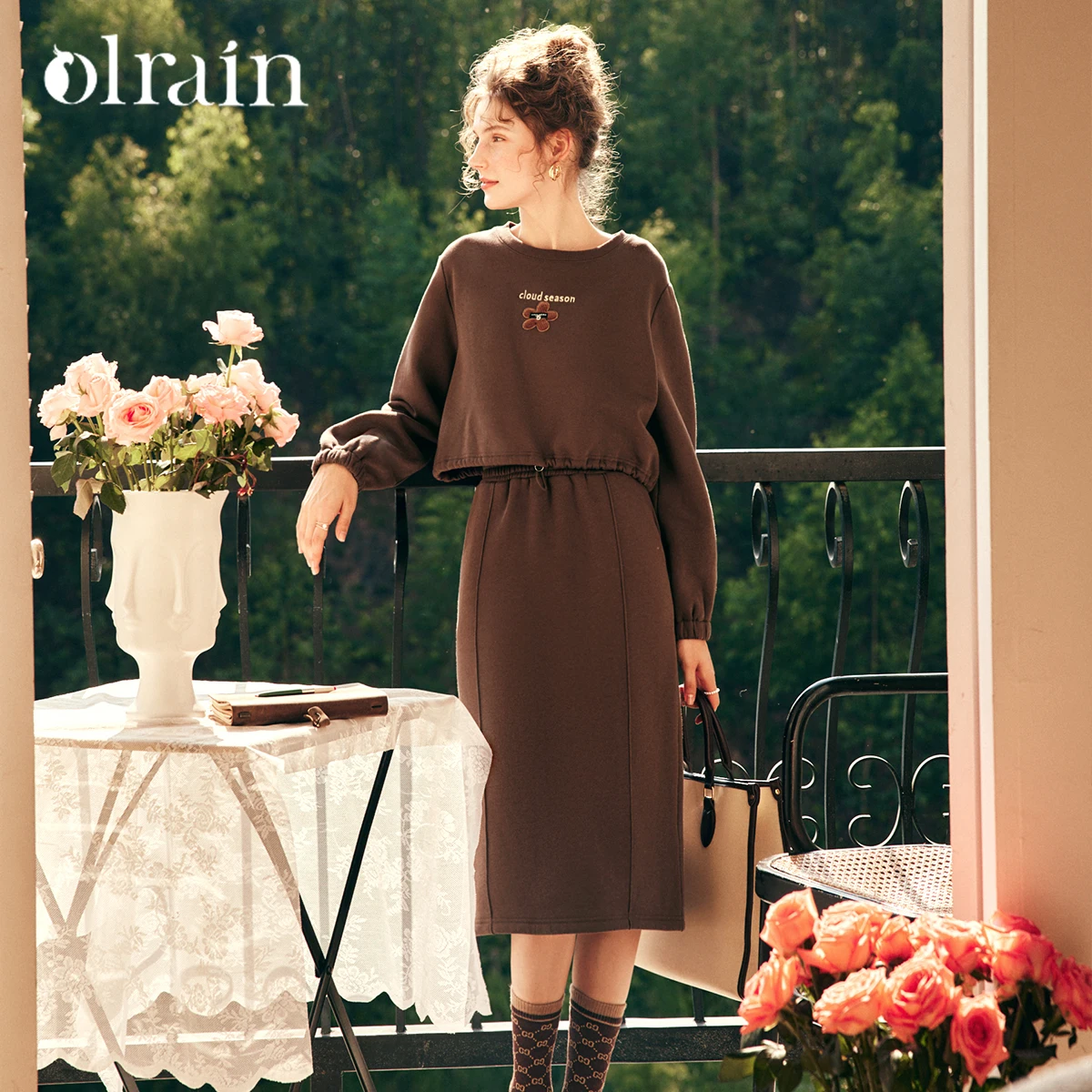 

OLrain комплекты из 2 предметов с юбкой, женский наряд, повседневная осень 2023, новый вязаный свитшот с 3d цветочной вышивкой, прямые юбки O57QE65839