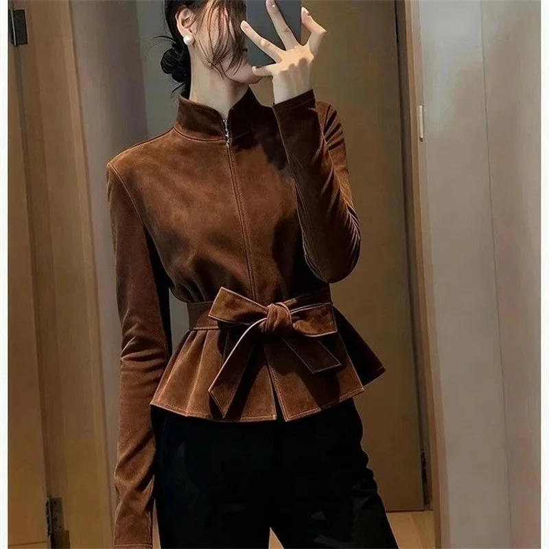 Women Jacket 2026 Spring Short Unique Super Beautiful Retro High-End Feeling Brown Coat Stand Collar Outerwear Match Belt