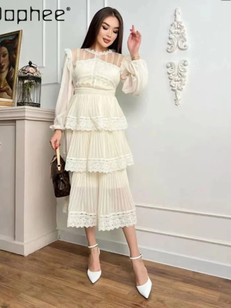 

Summer New Beige Solid Lace Stitching Ruffles Layered French Short Puff Sleeve Cake Dress Lady Lace Gauze Long Slimming Dress