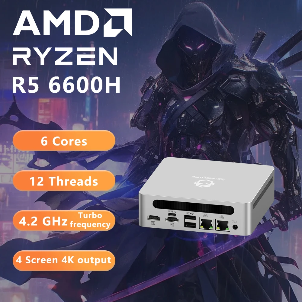 GenMachine AMD Ryzen Yi6000 6600H 7735HS 16G LPDDR5 6400Mhz RAM Win 11 MINI PC 6 Core 12 Thread 3.3GHz Up to 4.5GHz TDP 45W