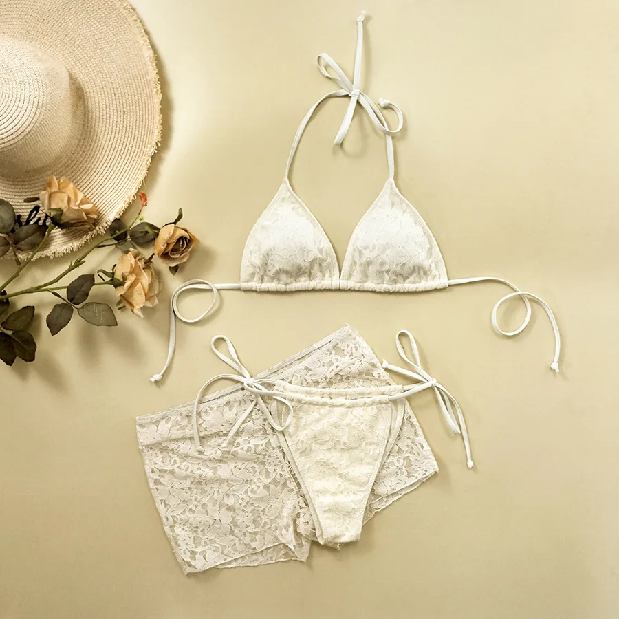

Бежевые цветочные кружевные сетчатые комплекты бикини с треугольными чашечками, комплекты из 3 предметов, сексуальные купальники, женские купальники 2025 года, однотонные праздничные купальники, пляжная одежда