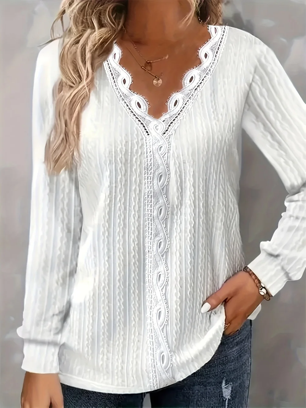 

Plus Size Women Lace Stitching Shirt Solid V-neck Simple Black Chiffon Decoration Hollow Out Design Fashion Elegant Top Office L