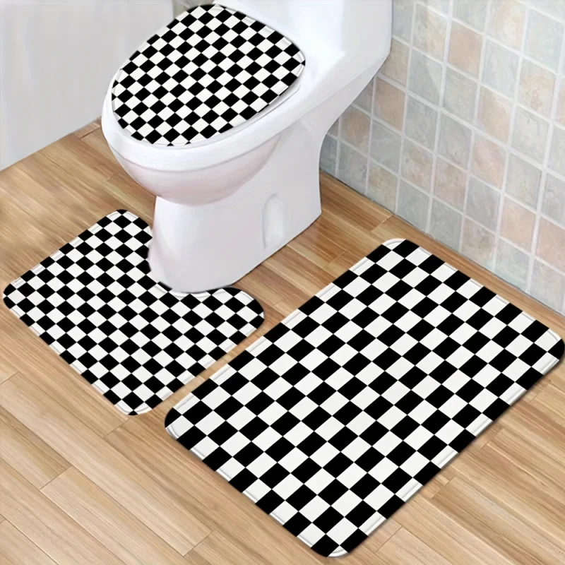 1pc, Black And White Gingham Non-slip Mat Toilet Cover Toilet Rug Floor Mat Set Toilet Absorbent Door Mat