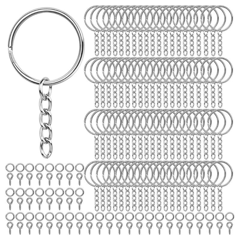 

200pcs 25mm Iron Keyrings with Chain Keychain Open Rings Sheep Eye Needle