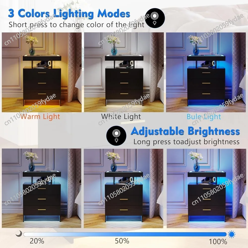 2 Set Nightstands with Wireless Charging Station, Auto Sensor 3 Color Dimmable LED Night Stand, Modern Bedside Table with 3 Dra
