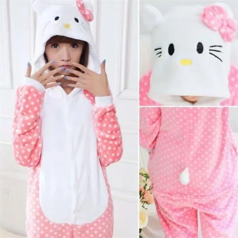 

Kawaii Sanrio Hello Kitty Onesies Costume Adult Cosplay Anime Kuromi Pikachu Kids Pajama Festival Jumpsuit Winter Flannel Outfit